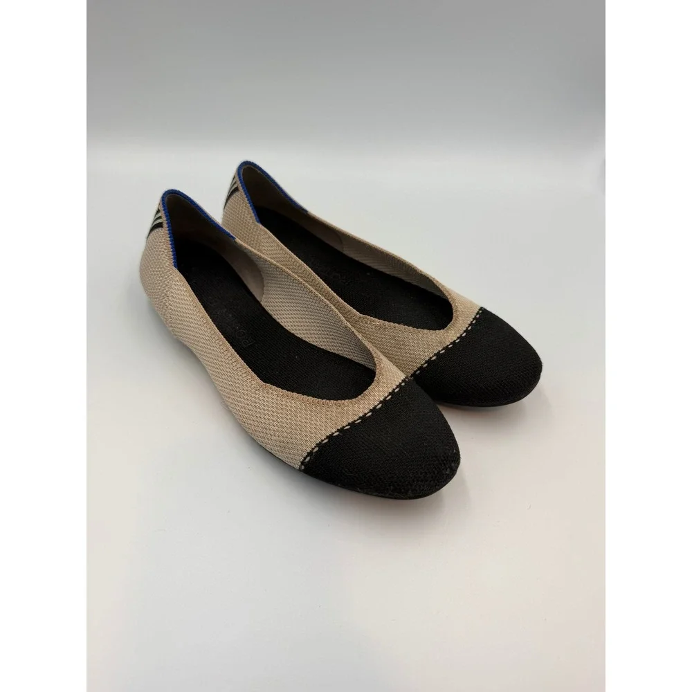 Rothys Cap Toe Flat Sand Black Knit Ballet Shoes Women's 7.5
